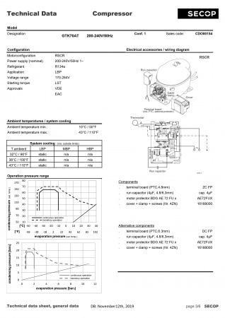 Компрессор GTK70AT, 205вт R134a SECOP (Danfoss) код 2306