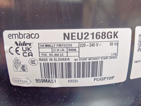 Компрессор NEU 2168 GK R404a 742Вт LBP Embraco Aspera код 959MA51M1AJ