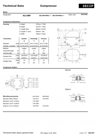 Компрессор NL8.4MF Secop (R134A, MBP) 818Вт код 105G7802
