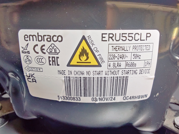 Компрессор ERU 55 CLP R600a 160Вт Низкотемпературный LBP Embraco Aspera