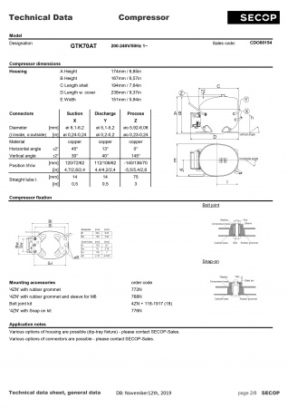 Компрессор GTK70AT, 205вт R134a SECOP (Danfoss) код 2306