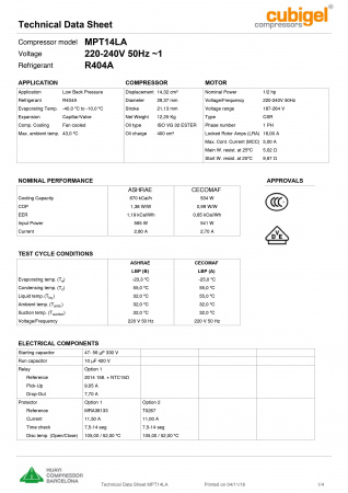 Компрессор MPT 14 LA R-404A Cubigel 463Вт