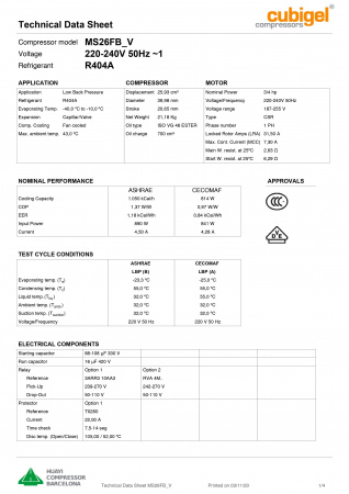 Компрессор MS 26 FB R-404A Cubigel 695Вт