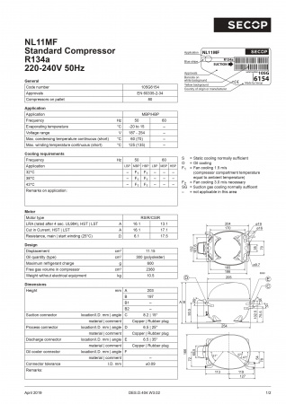Компрессор NL11MF (R134A) 621Вт код 105G6151 (Secop) Среднетемпературный
